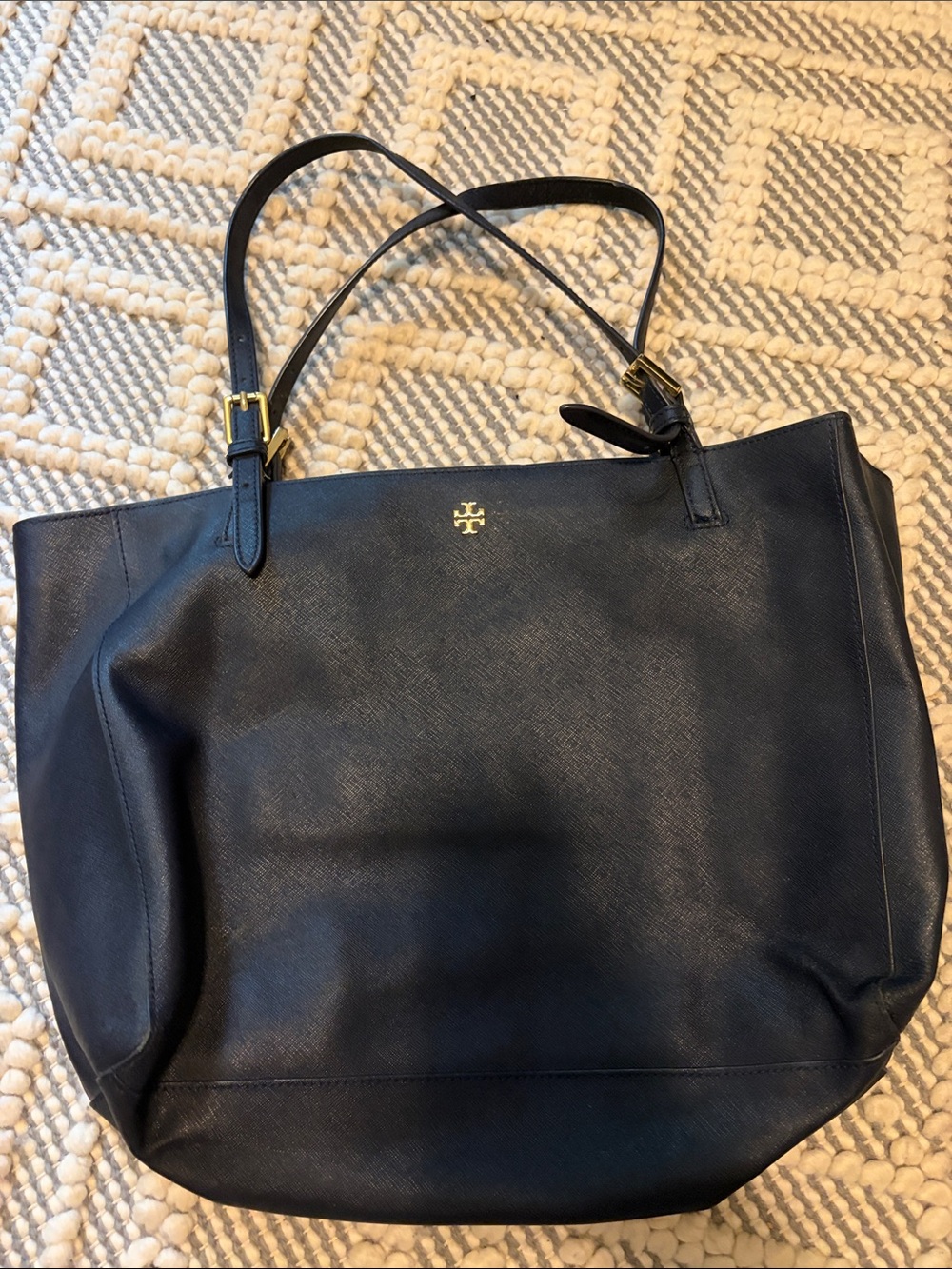 Tory Burch Navy Leather Tote with Gold Logo